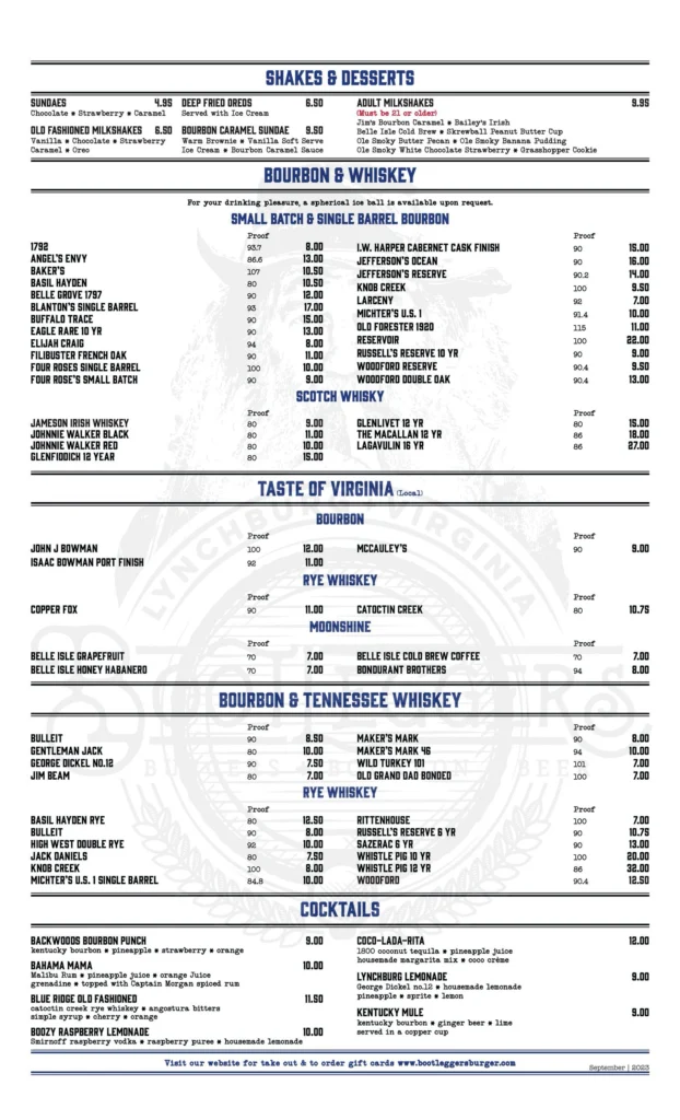 Bootleggers Dessert Menu