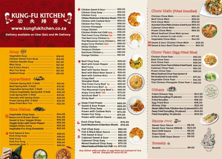 Kung Fu Kitchen Menu With Updated Prices in South Africa 2024