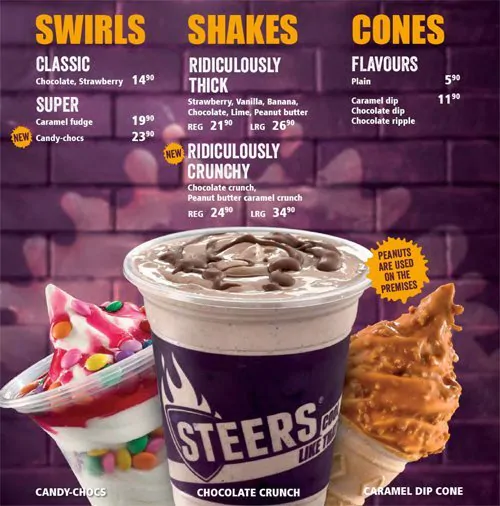 Steers Milkshake Menu