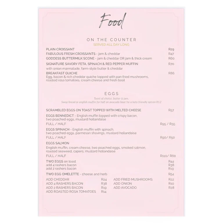 Goddess Cafe Menu With Updated Prices in South Africa 2024