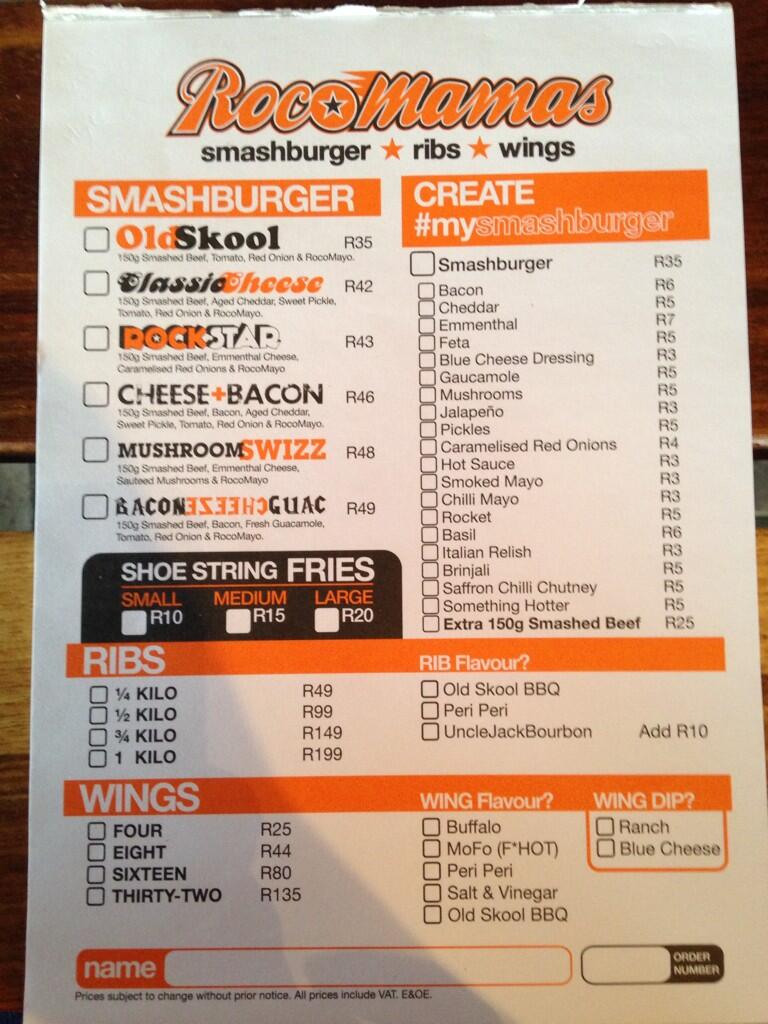 RocoMamas Smashburgers Menu