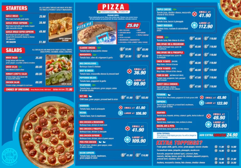 Romans Pizza Menu With Updated Prices in South Africa 2024