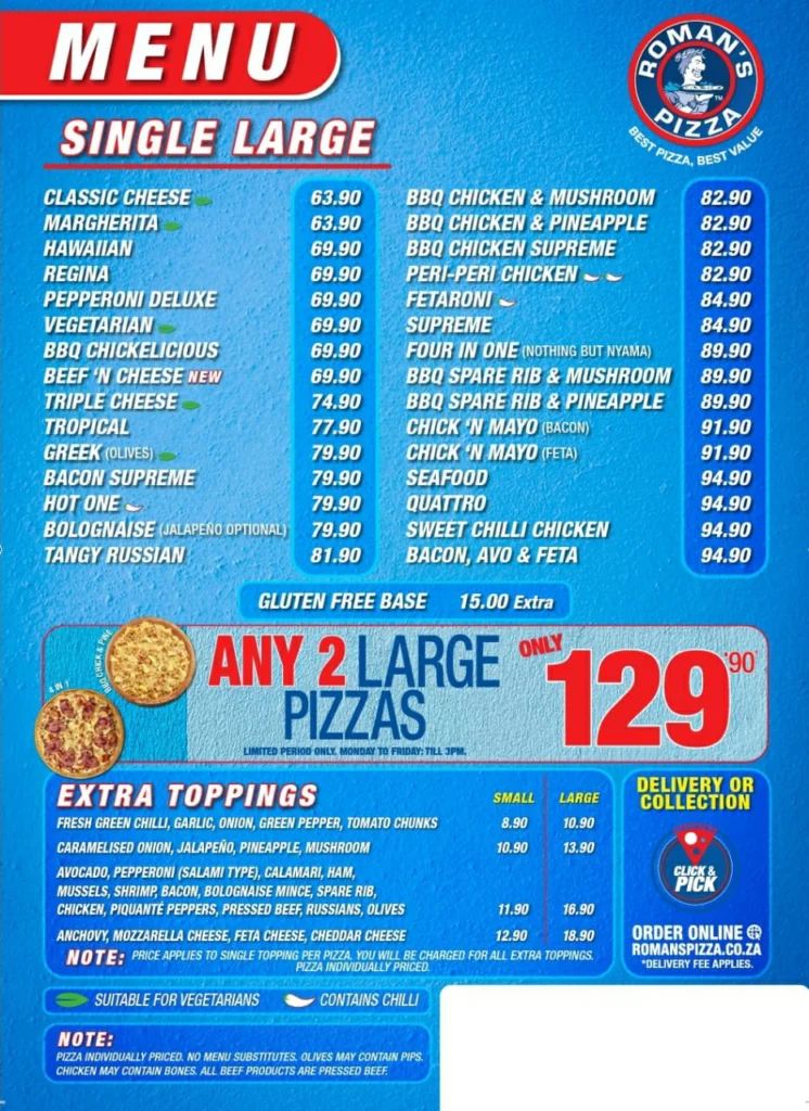 Romans Pizza Menu Specials