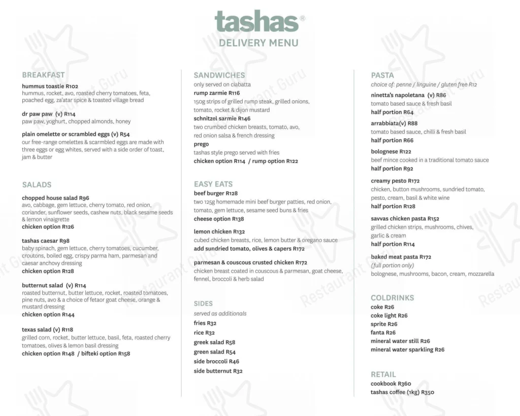 Tashas Extras Menu