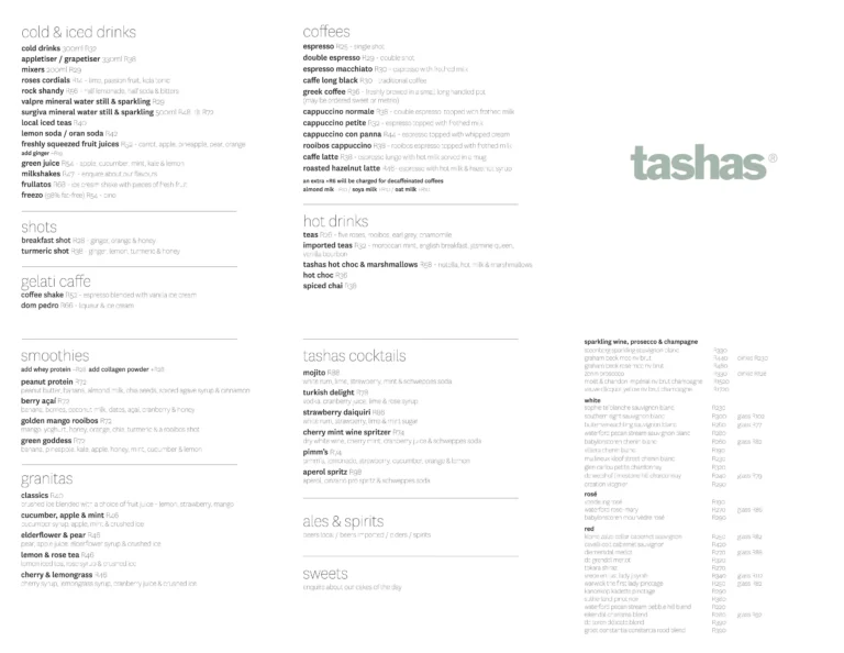 Tashas Menu With Updated Prices in South Africa 2024