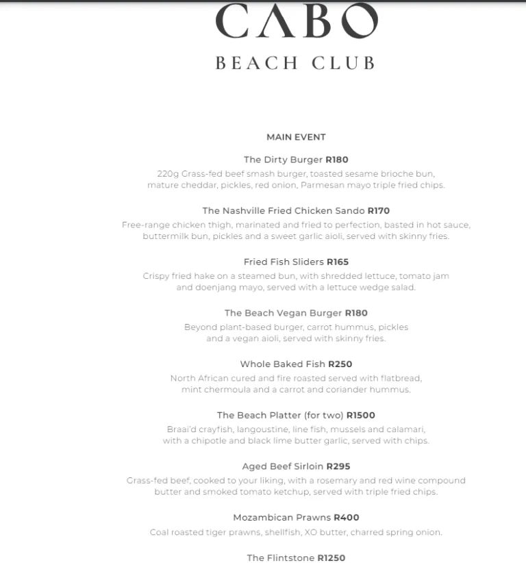Cabo Beach Club  Menu With Updated Prices in South Africa 2024