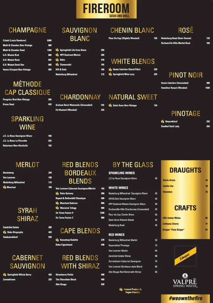 Fireroom Bedfordview Menu Prices