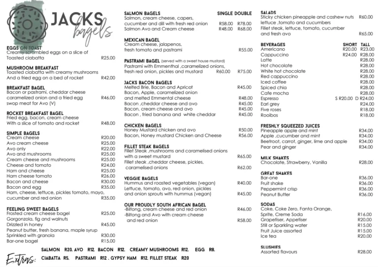 Jack’s Bagels Menu