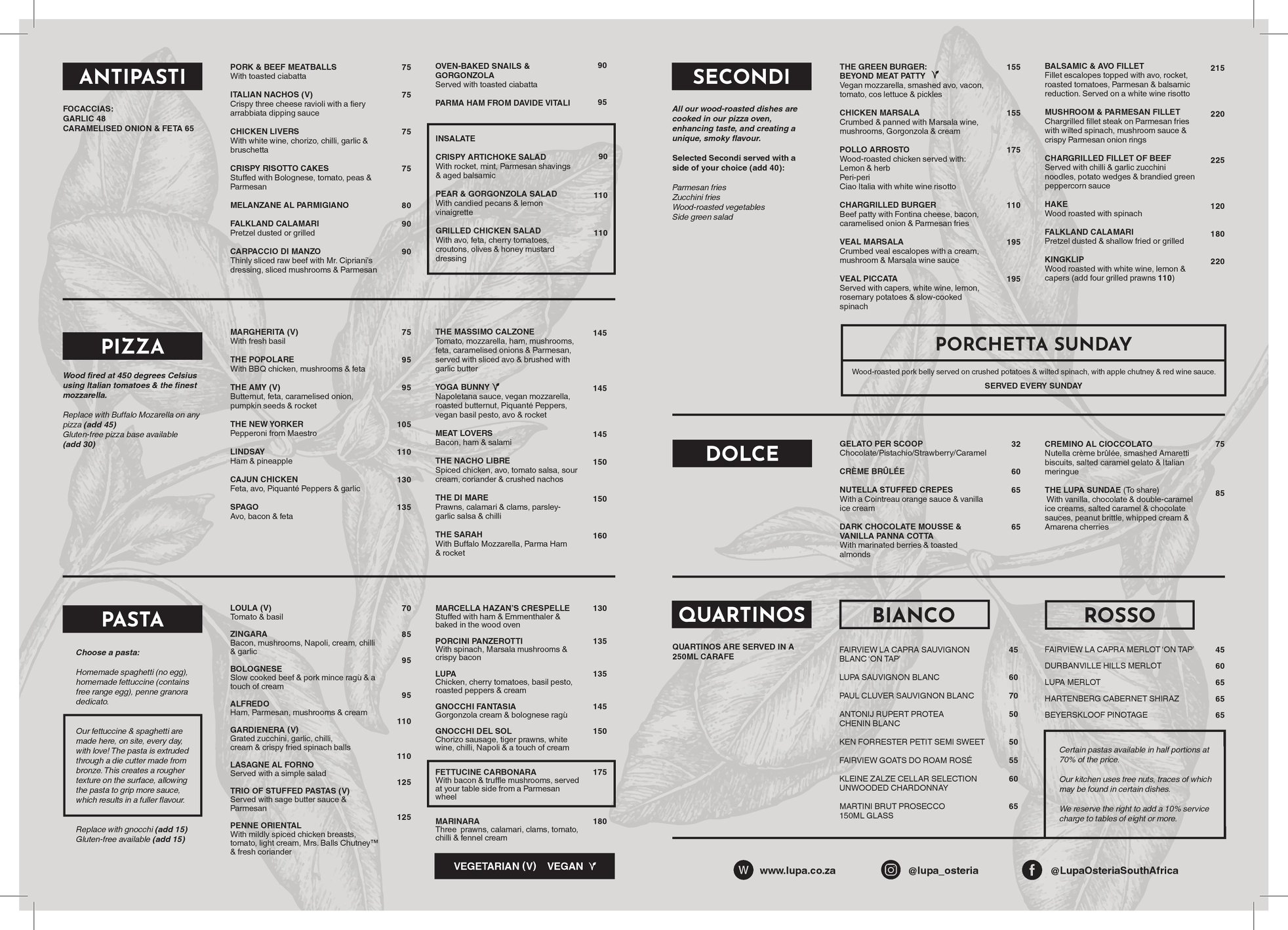 Lupa Osteria Menu With Updated Prices in South Africa 2024