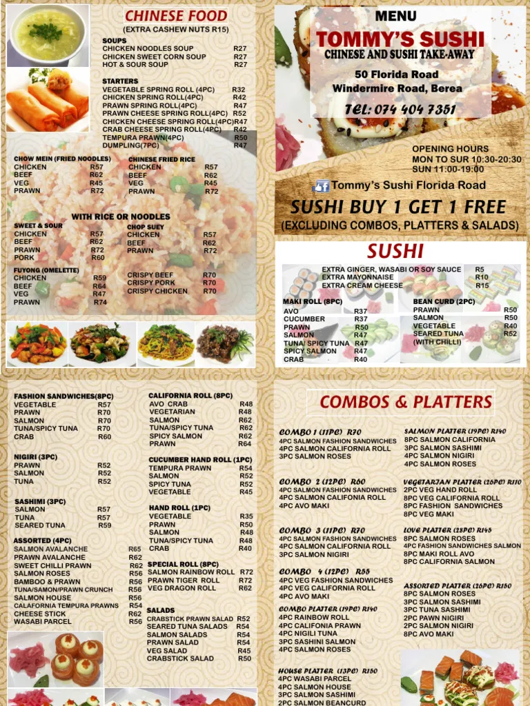 Tommys Sushi Menu With Updated Prices in South Africa 2024
