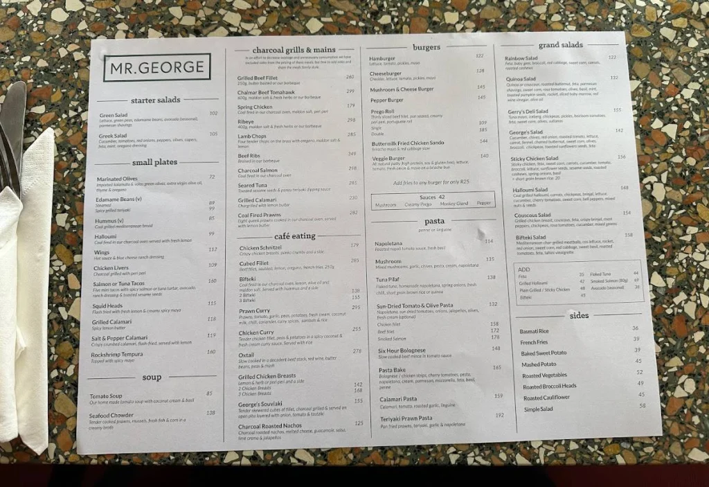 Mr George Menu Prices